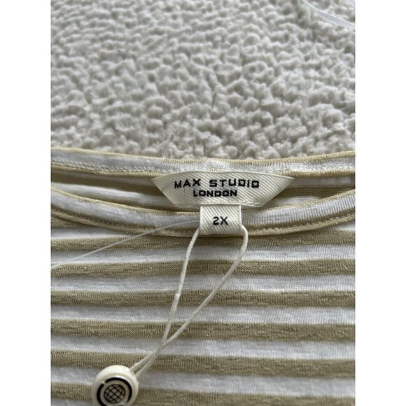 Max Studio London Short Sleeve Drawstring Hem Stripe Top Khaki & White Size 2X - Picture 2 of 5